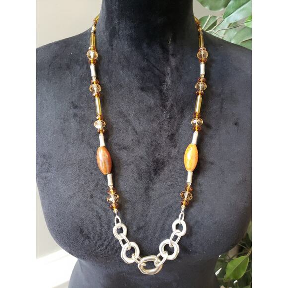 Women Vintage Amber Beaded Necklace with Large Link Chain and Toggle Clasp - Picture 2 of 7